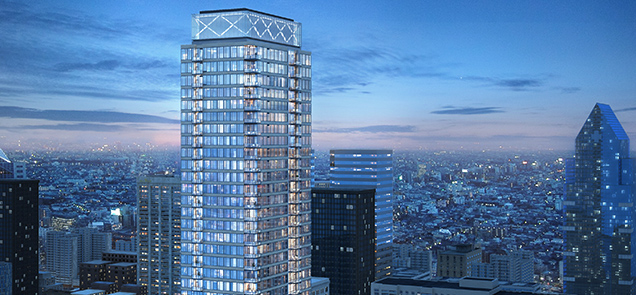 View of Philadelpha skyline from the pool area in The Laurel residential tower